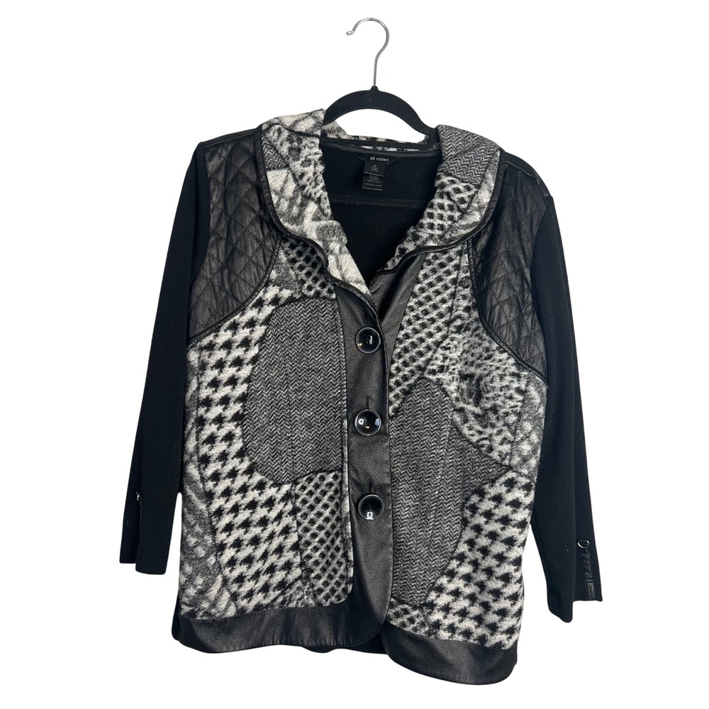 Ali Miles Patchwork Jacket Sz M Mixed Media Faux Leather Trim Artsy Edgy Black